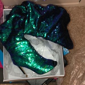 blue green sequin thigh high open toe boots